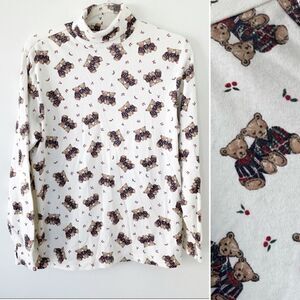 Vintage Corner Stone White Teddy Bear Print Cowlneck Top Women Size M Grannycore